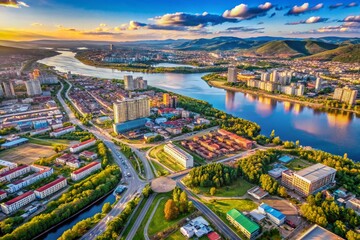 Fototapeta premium Aerial View of Krasnoyarsk, Russia: Cityscape Map with Labeled Points of Interest