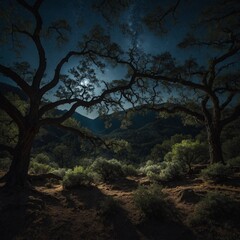 A breathtaking valley at night, where the moonlight filters through the branches of tall oak trees.