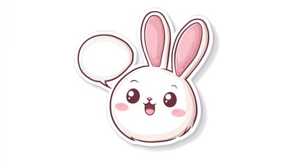 Obraz premium Sticker design with a white background, featuring a cartoon rabbit head with a speech bubble, simple lines, and a cute appearance.