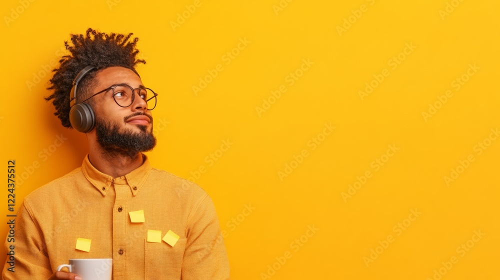 Poster vibrant digital learning hub young latino man with headset and sticky notes on modern desk - interac