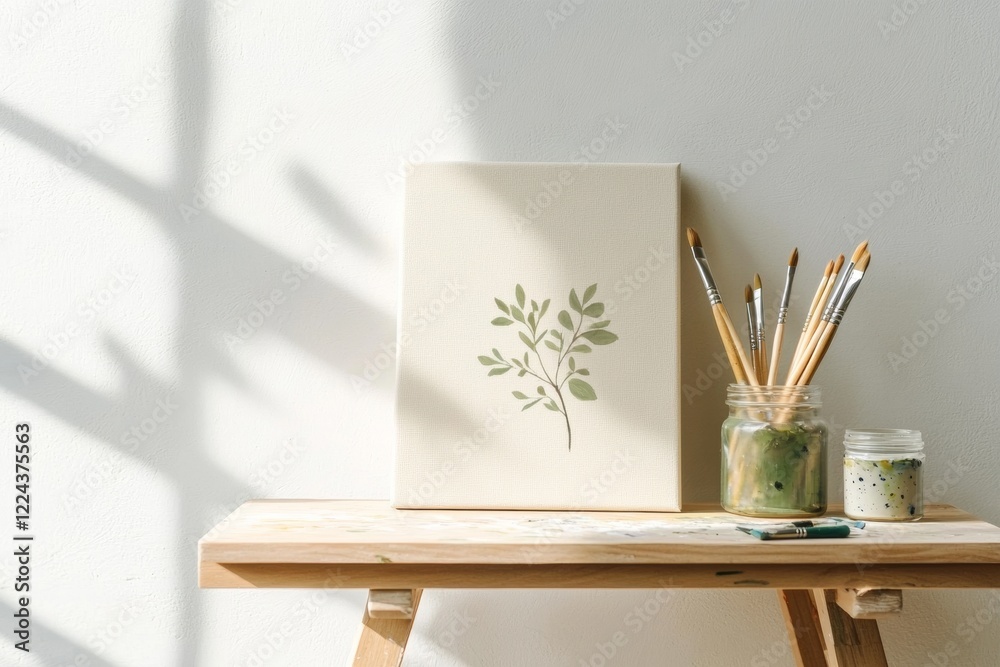 Poster minimalist botanical art studio wooden bench with acrylic paints and canvas in sunlit home workshop 