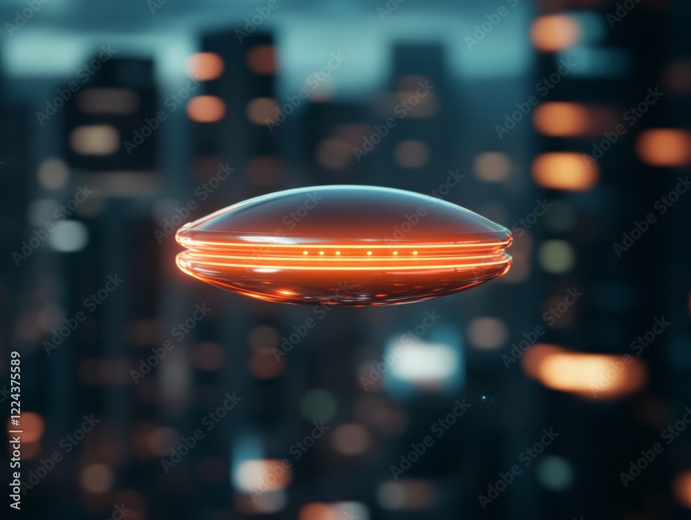 Poster futuristic urban ufo encounter glowing spaceship reflections on skyscrapers for sci-fi cinematic des