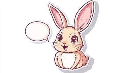 Obraz premium Sticker design with a white background, featuring a cartoon rabbit head with a speech bubble, simple lines, and a cute appearance.