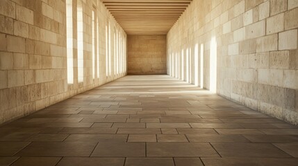 Sunlit stone corridor with long shadows and rectangular windows.