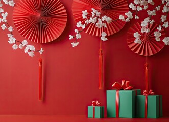 Red background, Chinese New Year decorations with red paper fans and green gift boxes on the left side of the image