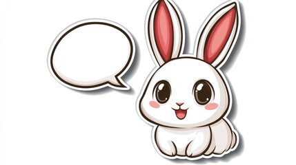Obraz premium Sticker design with a white background, featuring a cartoon rabbit head with a speech bubble, simple lines, and a cute appearance.