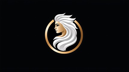 Naklejka premium Elegant Woman Profile With Long White Hair In Gold Circle Logo