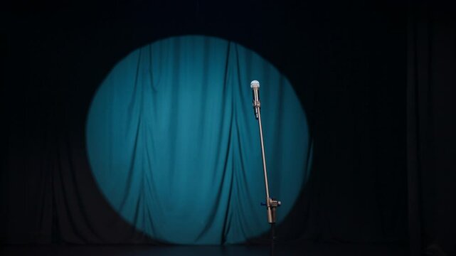 Empty stage of concert hall or comedy club in night, light and open microphone. Concert in bar or theatre, nobody on stage, entertainment and leisure, express talent in open mic night, music and humor