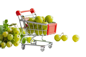 A bright and fresh shopping cart filled with green gooseberries on a clean, minimalist surface capturing a moment of delightful summer harvest isolated on transparent background