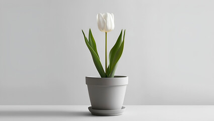 On a light simple background, on the table, one white tulip with open petals, growing in a simple white flower pot.
