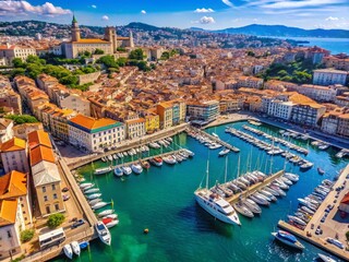Obraz premium Aerial View of Marseille's Vibrant Harbor District: Colorful Boats & Buildings