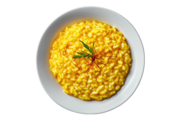 Creamy saffron risotto garnished with fresh sage and saffron threads isolated on white or transparent, PNG
