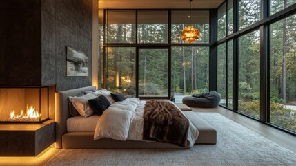 Contemporary bedroom with fireplace and forest view offering a cozy retreat