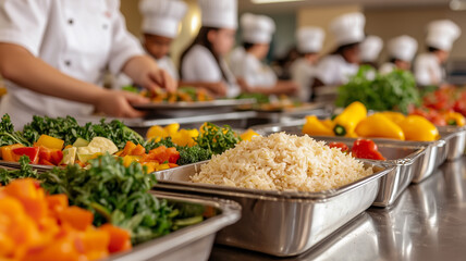 Obraz premium A cafeteria serving table with trays of food and cafeteria workers 