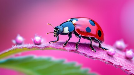 Fototapeta premium Close Up Of A Ladybug On A Pink Leaf
