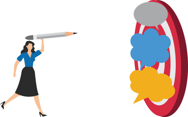 Woman aiming large pencil at target surrounded by speech bubbles. Perfect for communication, goal setting, creativity, and brainstorming concepts