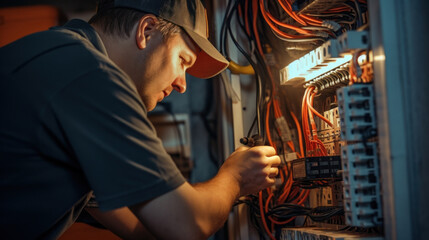 Naklejka premium Skilled Technician Performing Maintenance on Electrical Circuit Breaker Panel