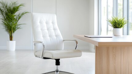 Modern white office chair at desk, bright room, plants. Use website, brochure