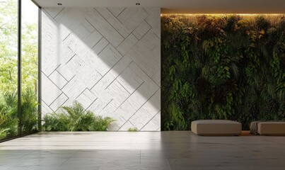 Modern Living Room with Geometric Wall Design and Vertical Garden