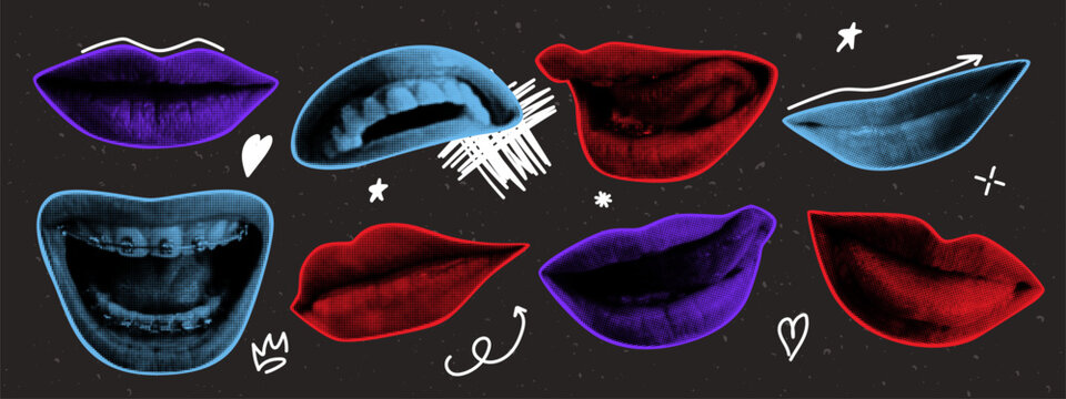 Halftone mouth and lips set with naive doodle elements. Y2K collage design. Retro vector illustration