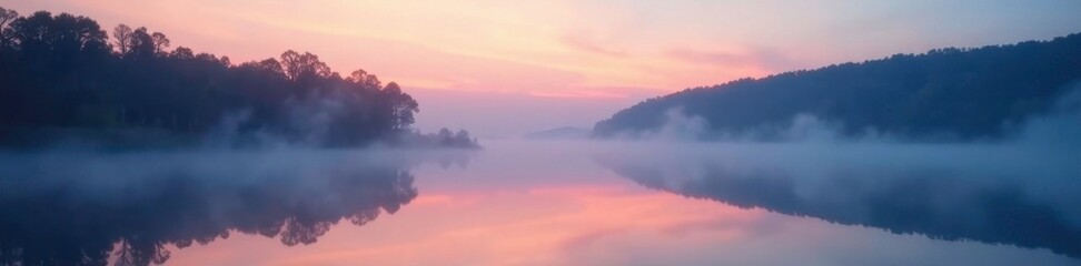 Obraz premium Softly glowing mist rises from a serene lake at dusk, tranquil ambiance, Misty Lake