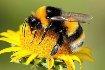 Bee on a Bloom A close-up of a bumblebee collecting pollen from a golden sunflower