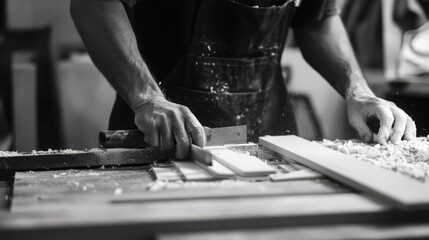 Close up view of a person planing wood, showcasing craftsmanship and detail work