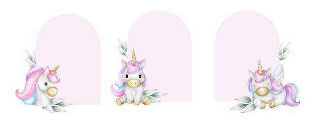 Unicorn, leaves. Set of Arch-shaped Backgrounds of baby fairy tale horse. Isolated hand drawn watercolor frames. Templates for kid's goods, birthday ,baby shower cards, poster, children's room