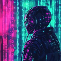 Fototapeta premium Futuristic Robot Stands Before Binary Code Stream