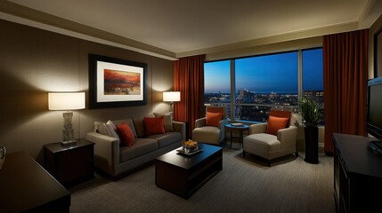 Fototapeta premium Contemporary hotel suite with a sofa, two armchairs, coffee table, large windows and a view of the city at night