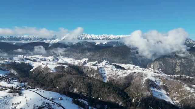 Aerial view of the snow-covered Pestera village in Constanta County, Northern Dobruja, Romania