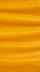 Butternut squash pumpkin puree soup with coconut milk close-up. The wavy texture on the surface is made using a spoon. Vegetable dish macro foto. Healthy eating concept. Vegan and vegeyerian food