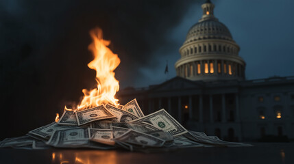 A stack of US dollar bills burns brightly at night in front of an illuminated government capitol building, symbolizing financial turmoil, economic instability, political corruption, and excessive
