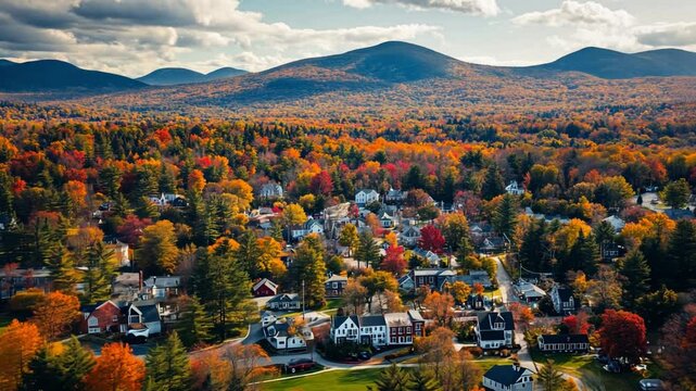 This video captures a breathtaking autumn scene with a small town surrounded by brilliant fall colors. Ideal for nature and travel themes, it evokes tranquility and beauty. Generative AI