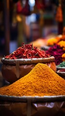 Colorful Spices in Burlap Bags at Traditional Market Stall