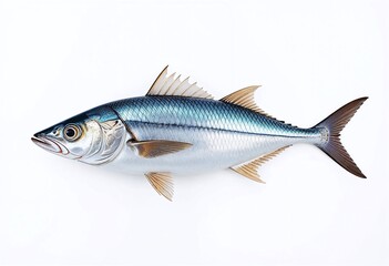 Fototapeta premium Close-up of a vibrant mackerel fish against a white background, highlighting its shiny scales and distinctive streamlined shape.