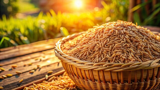Aerial View of Raw Brown Rice in Traditional Bamboo Kratip Basket