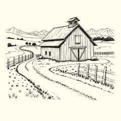 Hand-drawn farm ranch sketch line art illustration