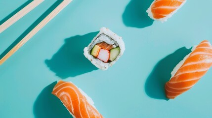 Vibrant Sushi Platter Against a Striking Blue Background