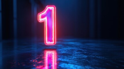 Neon Number One 3D Rendering with Glowing Colorful Gradient Light and Glossy Surface