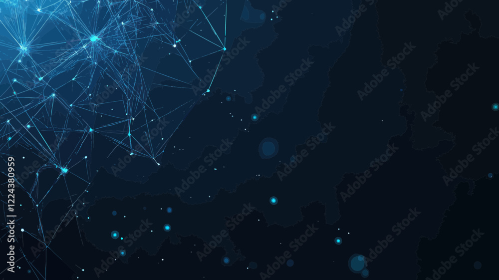 Poster abstract polygonal mesh with glowing particles and plexus effect in dark blue - digital vector illus