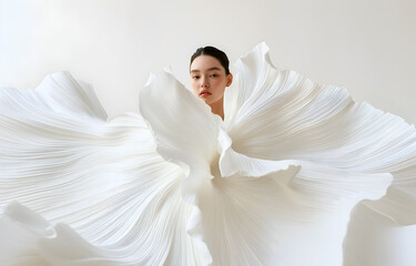 Fashion editorial Concept. Dark hair woman of high fashion couture tulle flowing conceptual and pleats petal like white bridal angel dress. dynamic composition dramatic lighting. copy text space