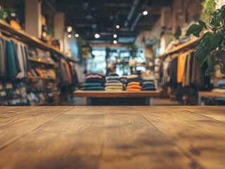 a background of a clothing store with a empty wooden counter
