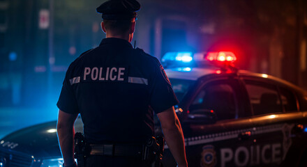 Police Officer at Night Crime Scene with Patrol Car Emergency Lights
