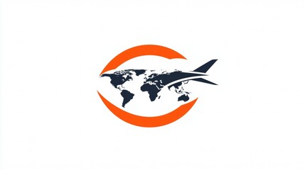 Fototapeta premium Logo design featuring a stylized airplane and world map within a circular symbol for a travel or aviation company