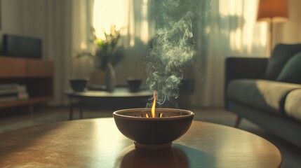 Serene Living Room with Incense Burning in a Bowl