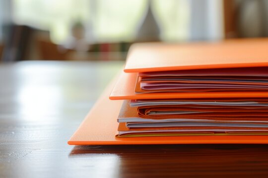 Bright orange folder with organized documents on a desktop surface
