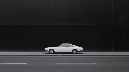 Classic white car parked on city street, monochrome.