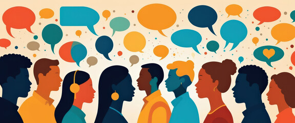 Painted banner representing the concept of communication across multiethnic peoples through the image of colored silhouette and speech bubbles. Multicultural dialogue, diversity, individuality, inclus