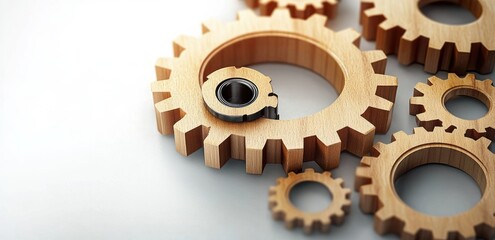 Workflow Automation with Wooden Gears and Flowchart for Business Process Management